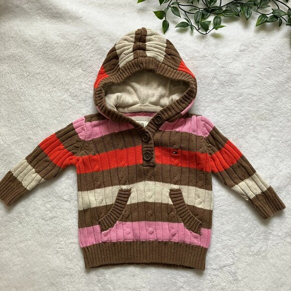 Tommy Hilfiger Baby Hooded Sweater Size 6-9M | 100% Cotton Knit VGUC Striped - Picture 1 of 16